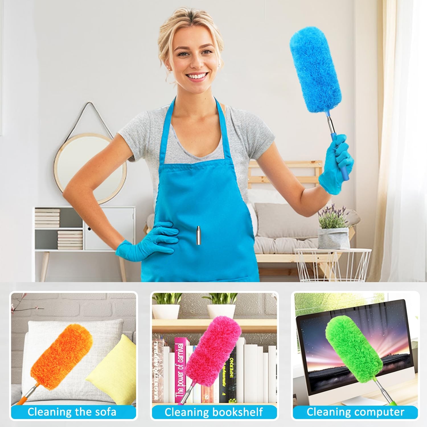 4 Pcs Washable Microfiber Feather Duster Extendable Pole Bendable Head Cleaning