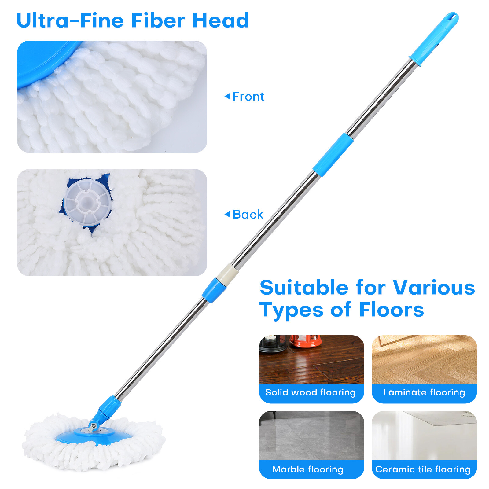 360° Rotating Spin Mop Handle Replacement Adjustable Pole 2 Microfiber Mop Heads
