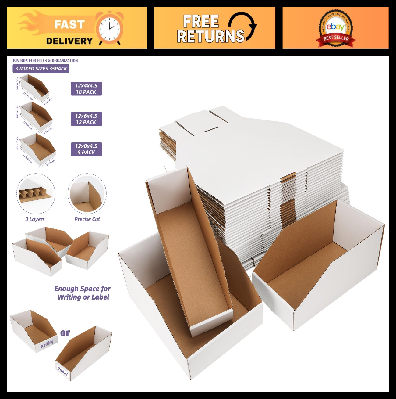 Assorted Cardboard Storage Bins – 35 Pack, Mixed Sizes for Pantry, Office, Garag