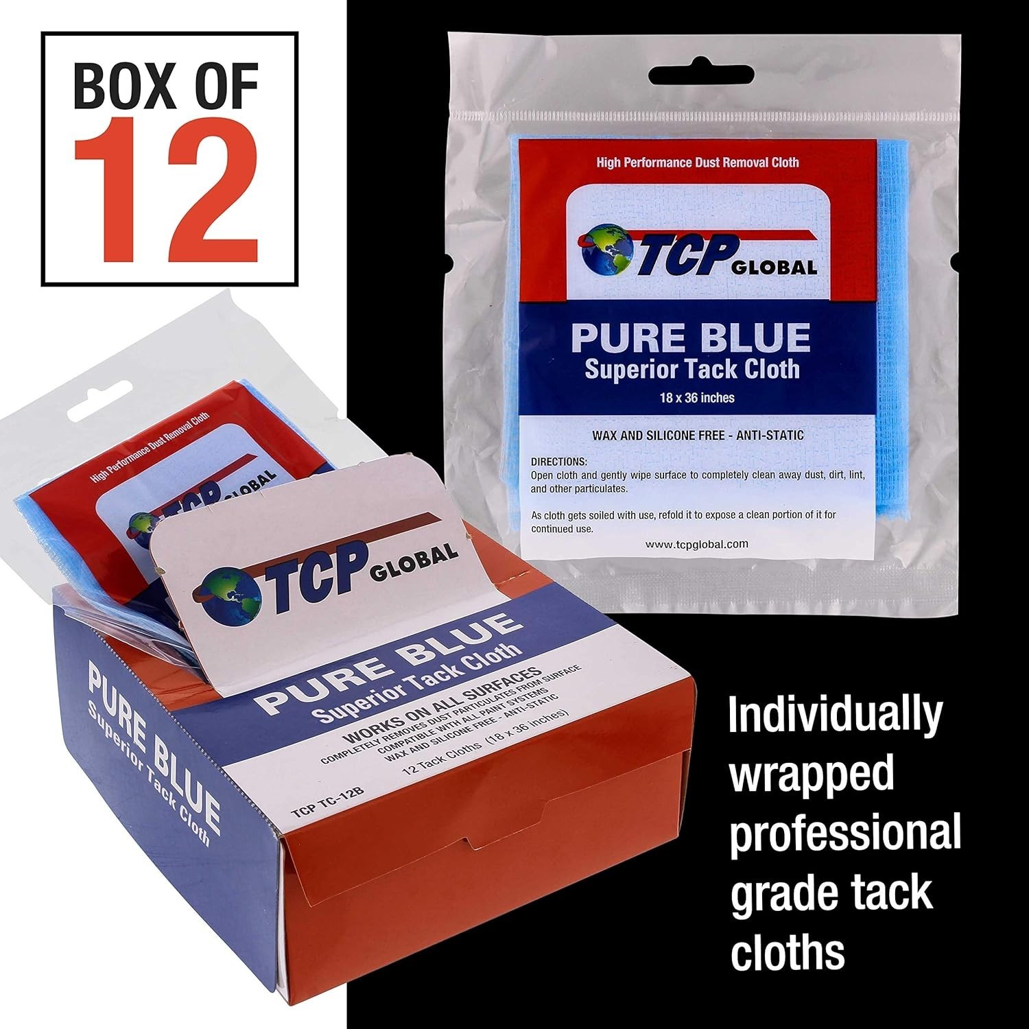 Pure Blue Superior Tack Cloths – Tack Rags Box of 12 Automotive Car Paint