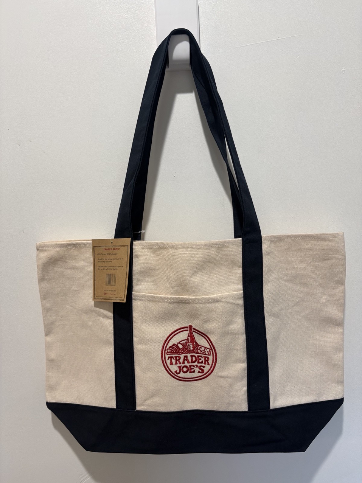 NWT – Trader Joes Canvas Tote Bag – Navy Blue and Red Colorway