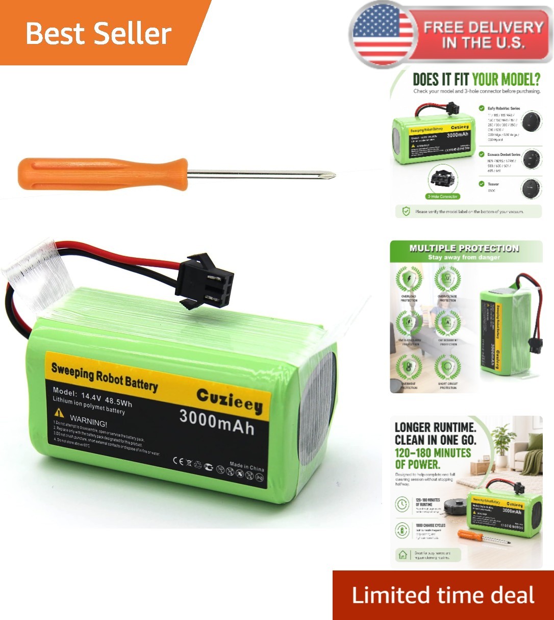 Robot Vacuum Battery Pack 14.4V 3000mAh – Long Lasting 120-180 Minutes Runtime