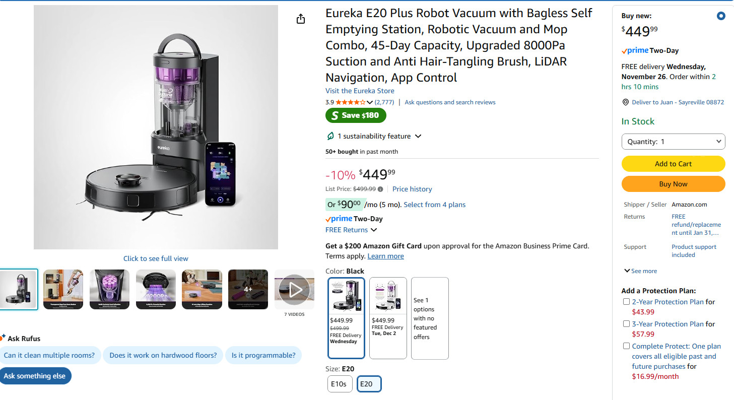 Eureka E20 Plus Robot Vacuum with Bagless Self Emptying Station and Mop Combo