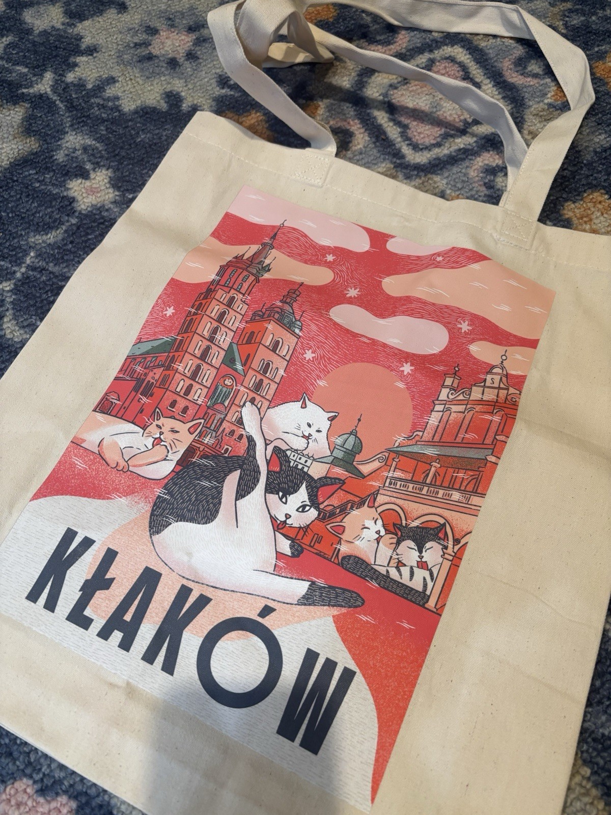 Foldable Canvas Tote Bag Beige Multicolor All-Over Pattern kłaków cracow