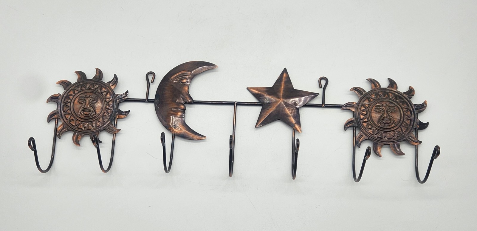 Celestial Sun Moon Star Metal Wall Hook Rack 7 Hooks Rustic Bronze Decor