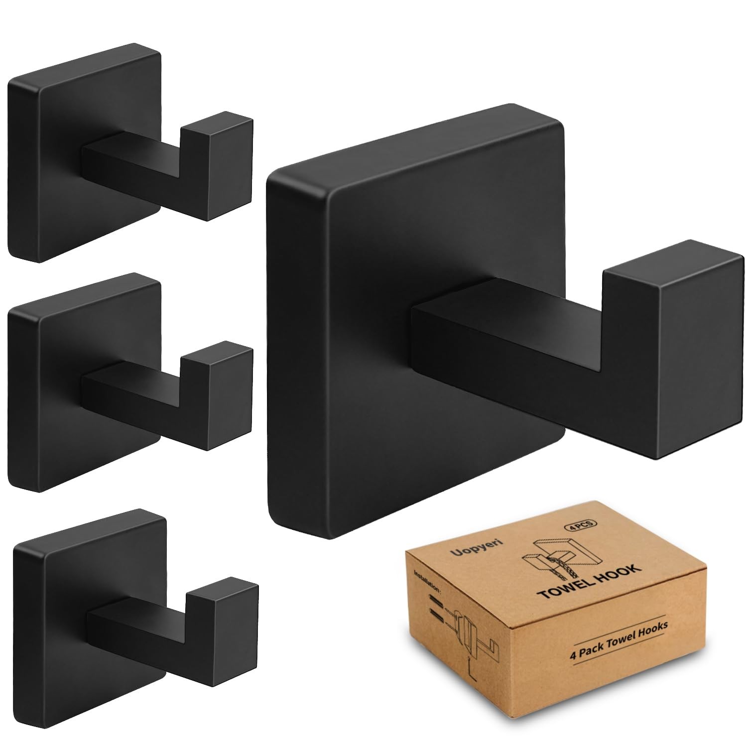 4 Pack Matte Black Towel Hooks for Bathroom, Heavy Duty 33Lb Stainless Steel
