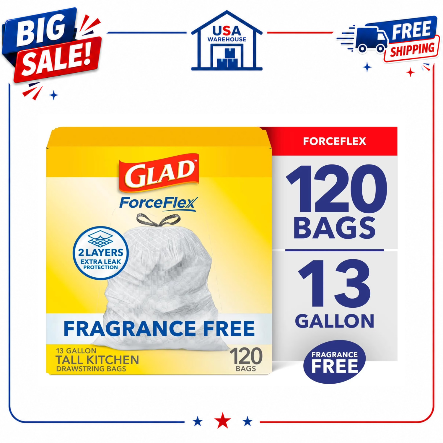 Glad ForceFlex Tall Kitchen Drawstring Trash Bags 13 Gal Fragrance Free, 120 Ct