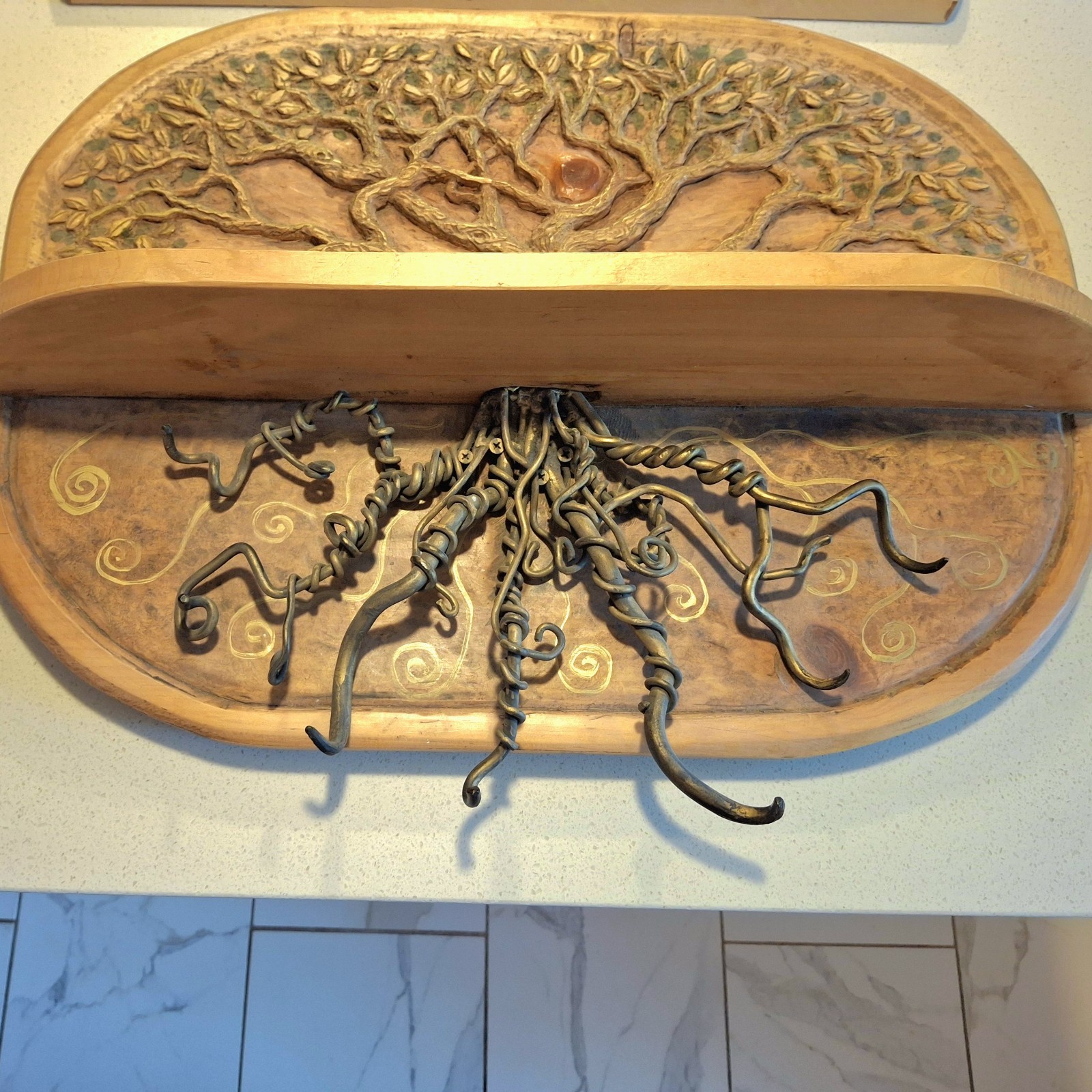 Handmade Hand Carved & Painted Coat Rack with Shelf Vintage Tree of Life Design
