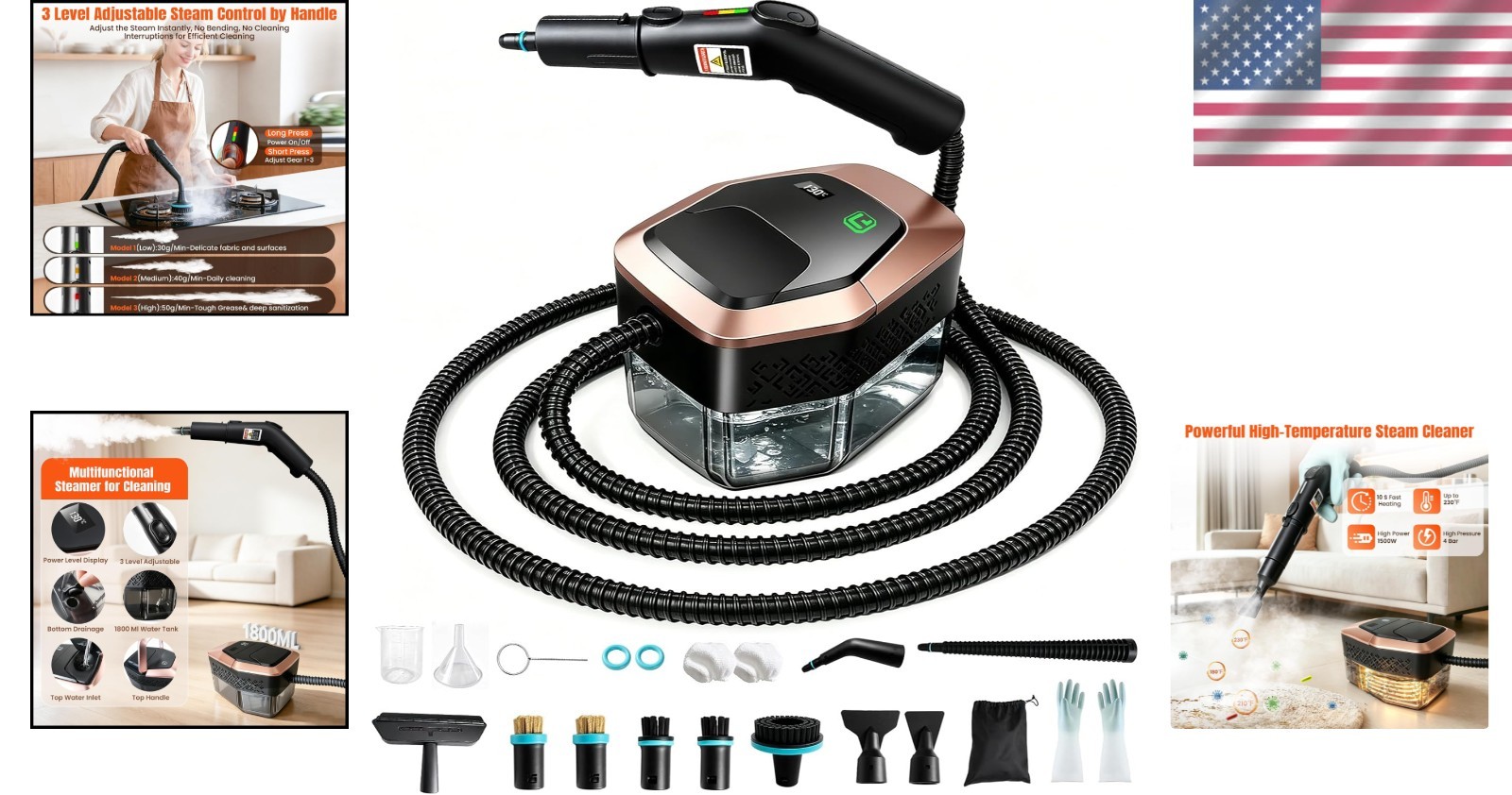 Steam Cleaner for Home & Car, 3-Level Adjustable Steamer for Cleaning, 15s He…