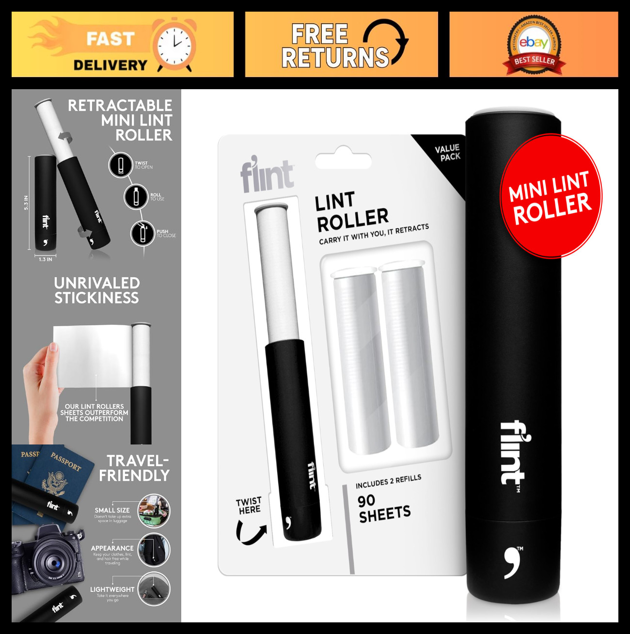 Portable Mini Lint Roller – 90 Extra Sticky Sheets, Pet Hair Remover, Travel Siz
