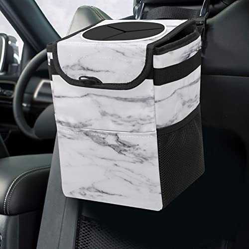 Black and White Marble Car Trash Can with Lid Collapsible Reusable Waterproof
