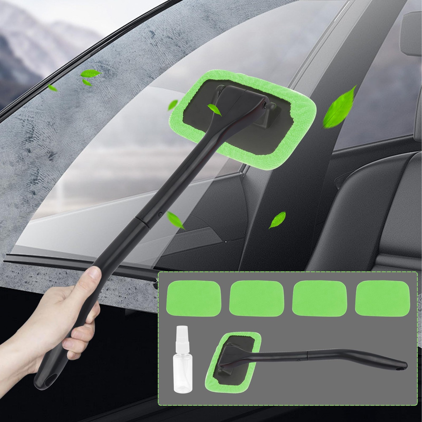 Car Windshield Cleaning Tool Microfiber with 4 Washable and Reusable Cloth Pad