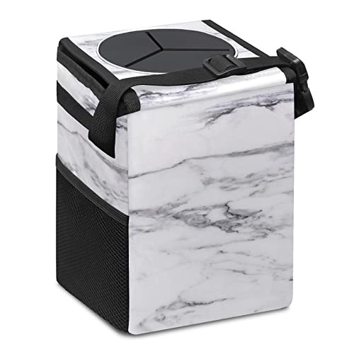 Black and White Marble Car Trash Can with Lid Collapsible Reusable Waterproof