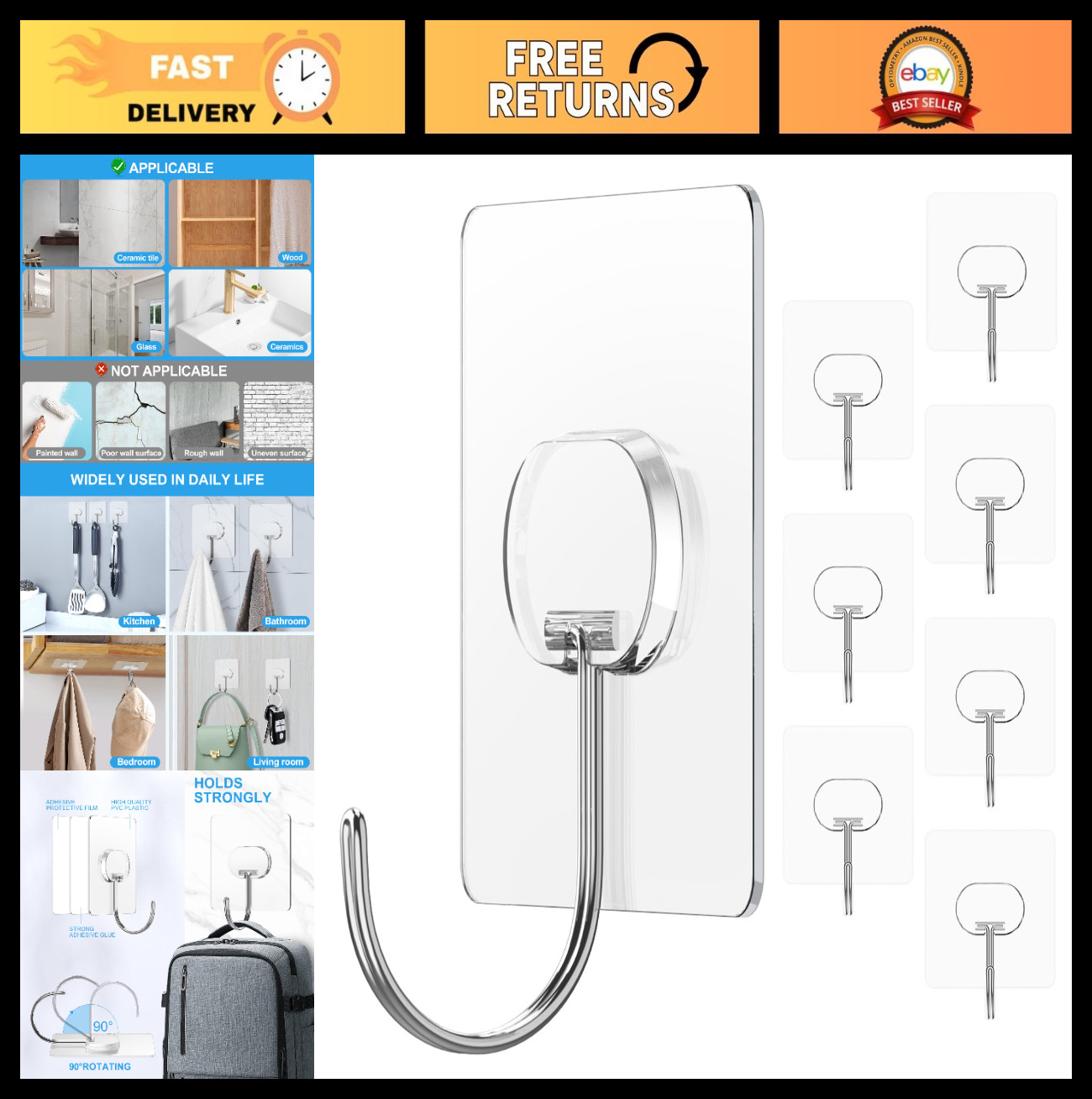 Heavy Duty No Drill Adhesive Wall Hooks – 8 Pack, 13LB Max Load, Waterproof, Cle