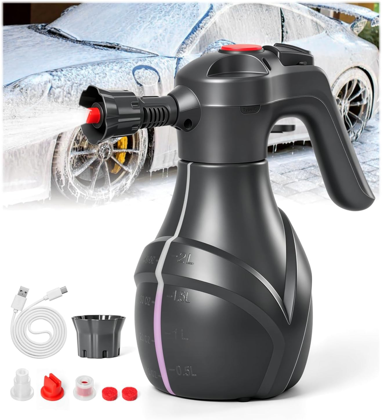Electric Foam Sprayer Car Wash, 3000Mah Battery Powered Car Foam Sprayer with Vi