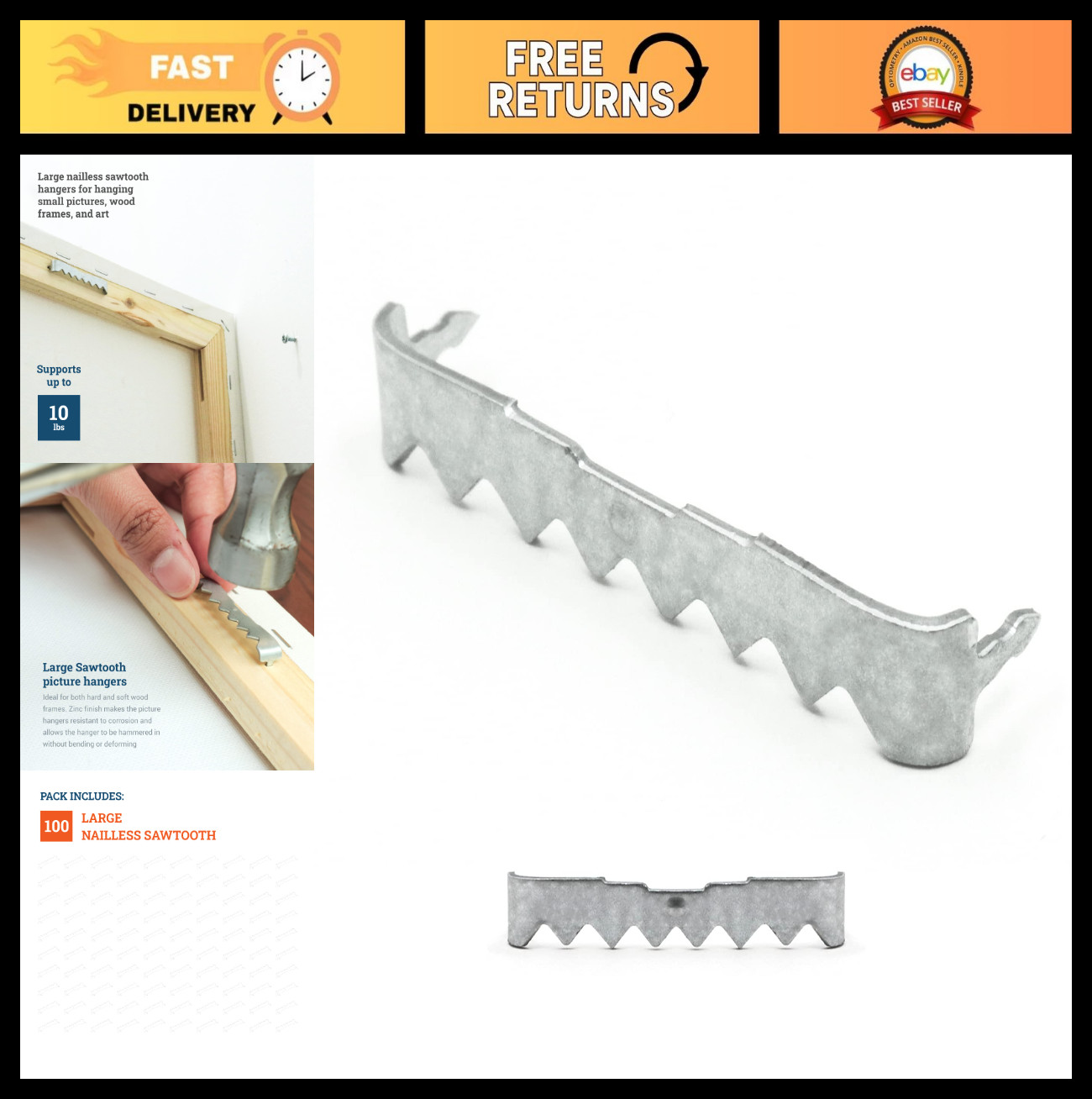 100 Pack No Nail Sawtooth Picture Hangers – 1.75 Inch Wall Canvas Hooks, 10lbs S