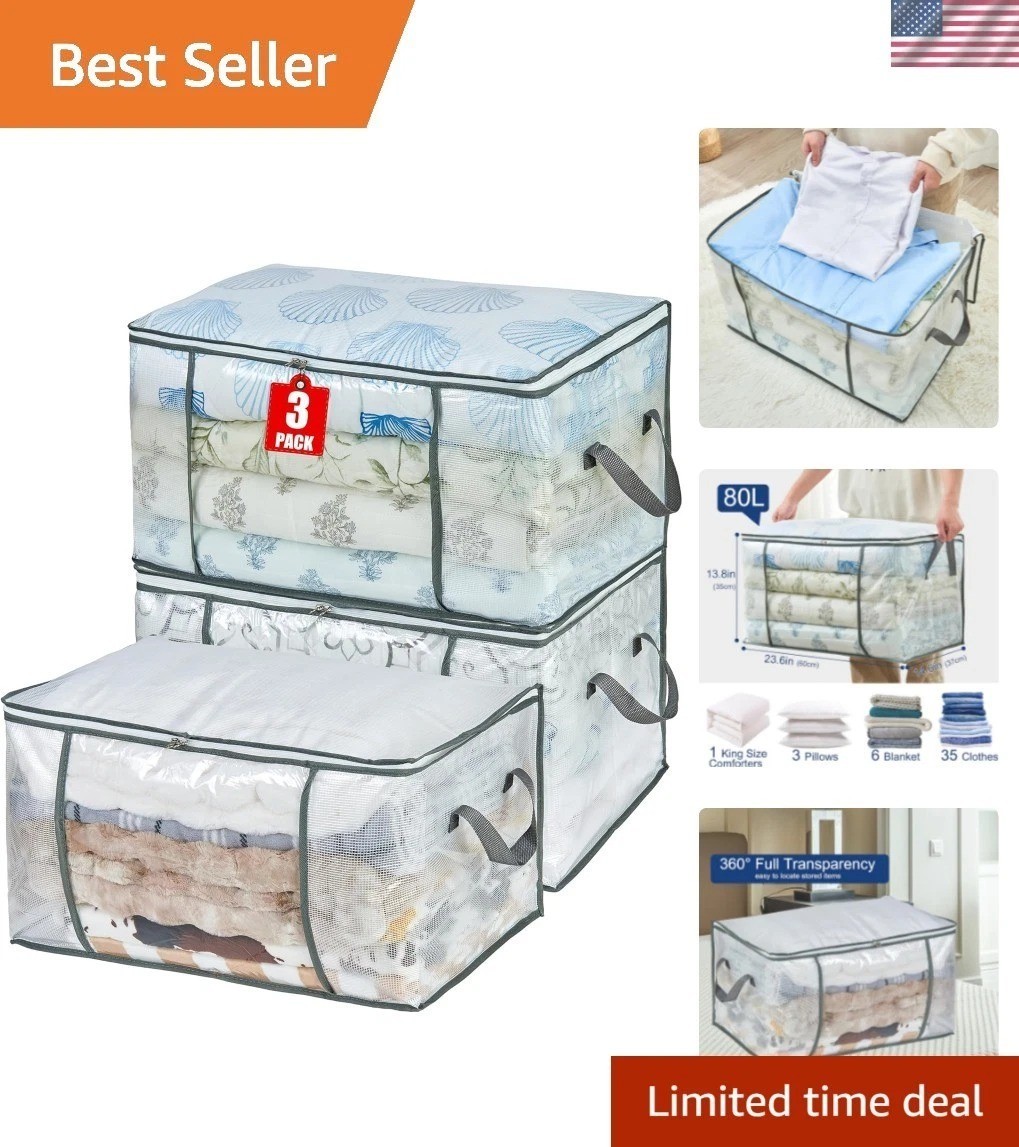 3 Pack 80L Clear Storage Bags Zipper Handles Clothes Bedding Organizer