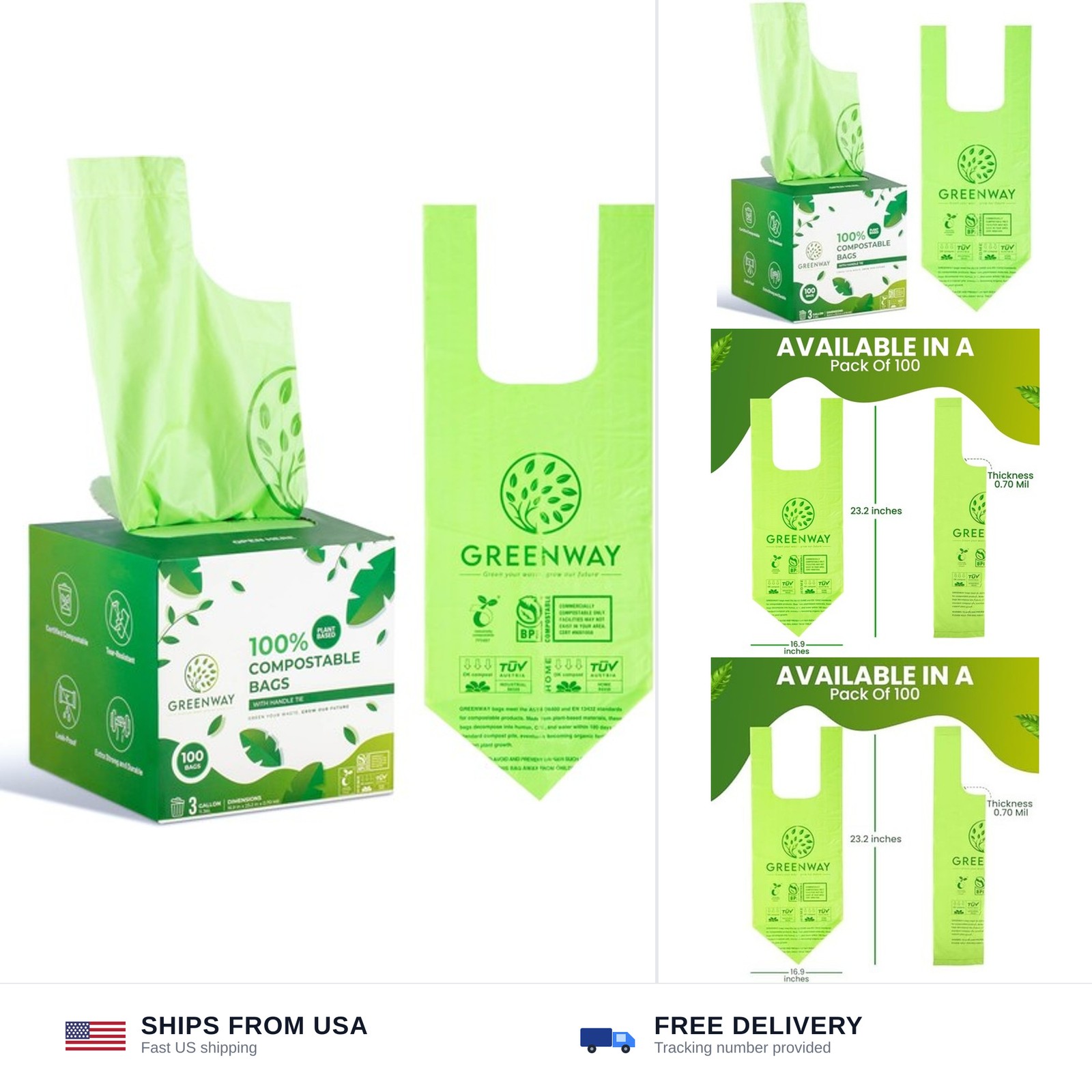 GREENWAY 3 Gallon Compostable trash Bags with Handles,100 Count, Extra Thick …