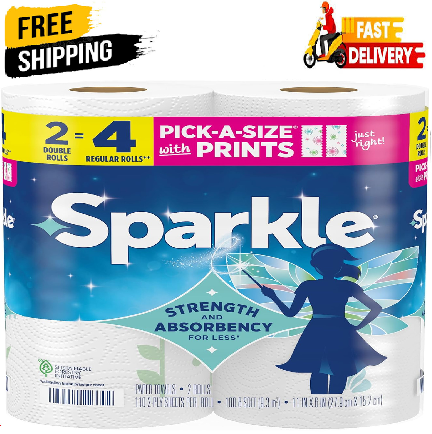 Sparkle Pick-A-Size Paper Towels, Spirited Prints, 2 Double Rolls, Strong 2 Ply