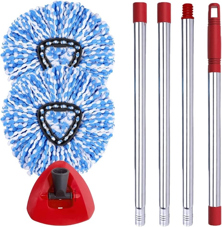 Adjustable Mop Handle & Triangle Base – 2 Microfiber Refills Set for EasyWring