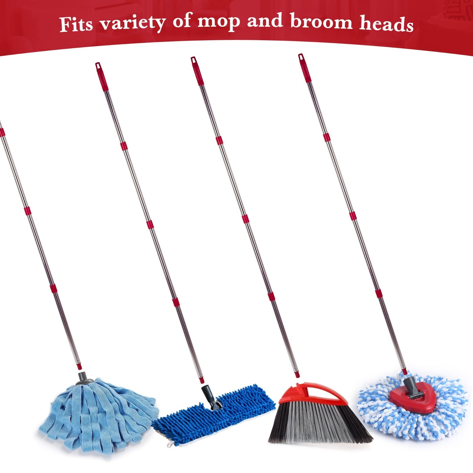 4 SectionSpin Mop Replacement Handle 32 Inch to 56 Inch Stainless Steel Red