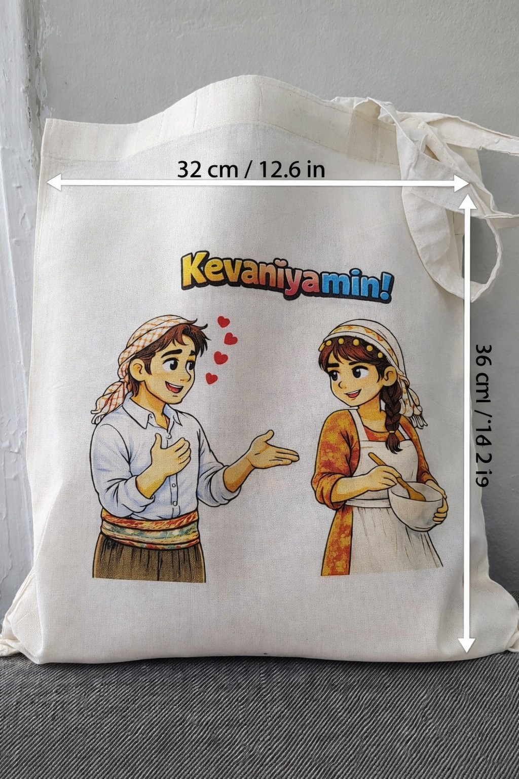 Kevaniyamin Kurdish Tote Bag – Cute Couple Design, 32×36 cm Cotton Bag