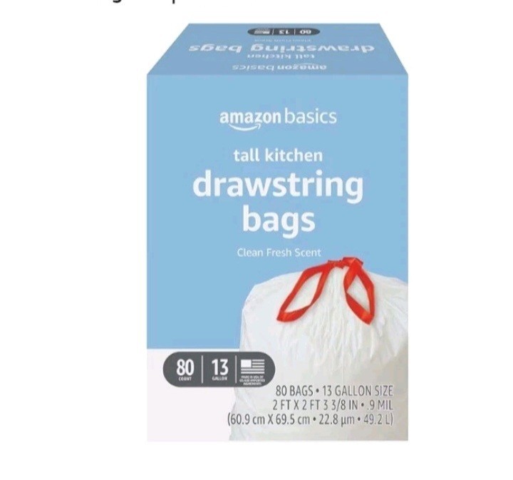 Amazon Basics Tall Kitchen Drawstring Trash Bags – 13 Gallon – 80 Count