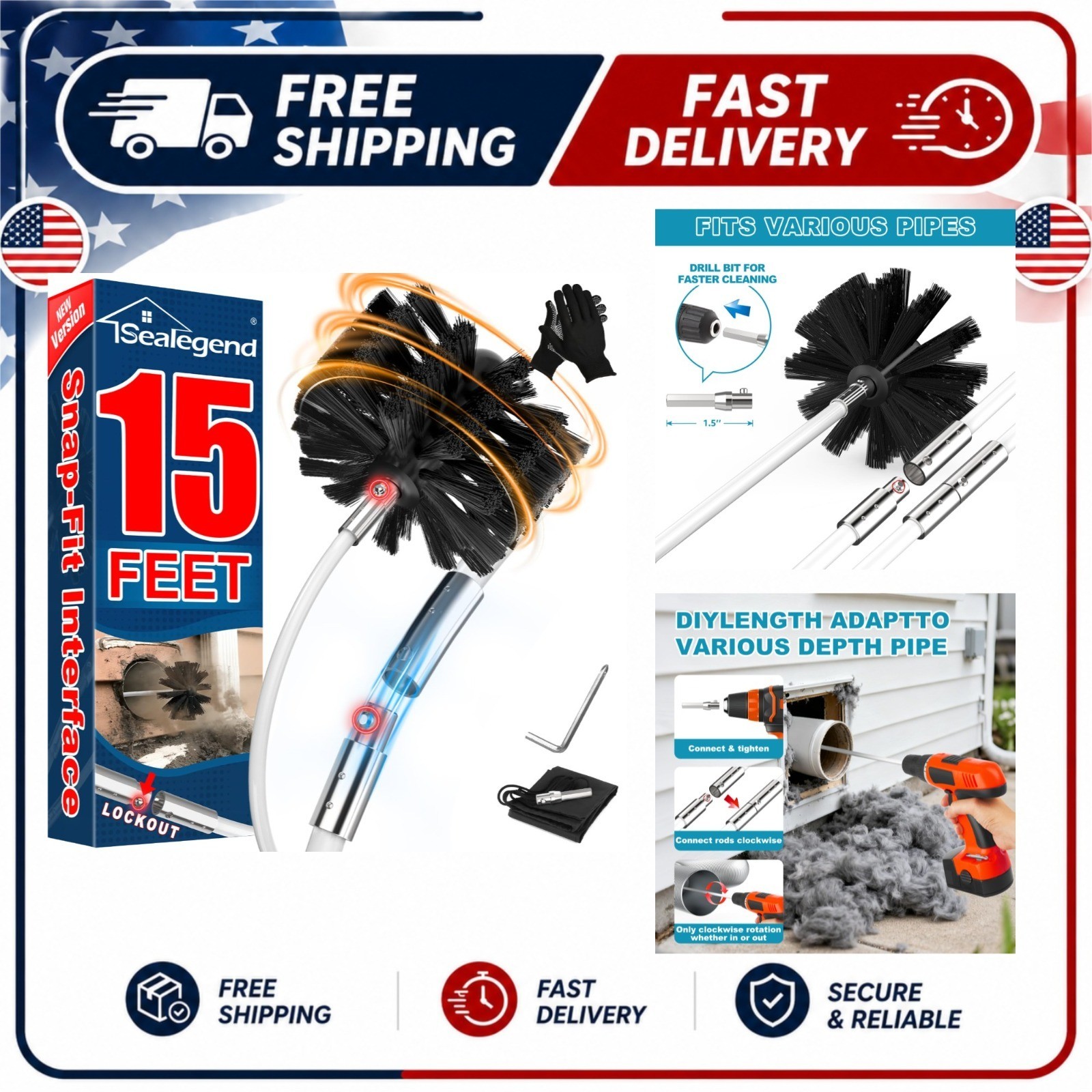 Dryer Vent Cleaner Kit 15 Ft Flexible Lint Remover Brush Sealegend