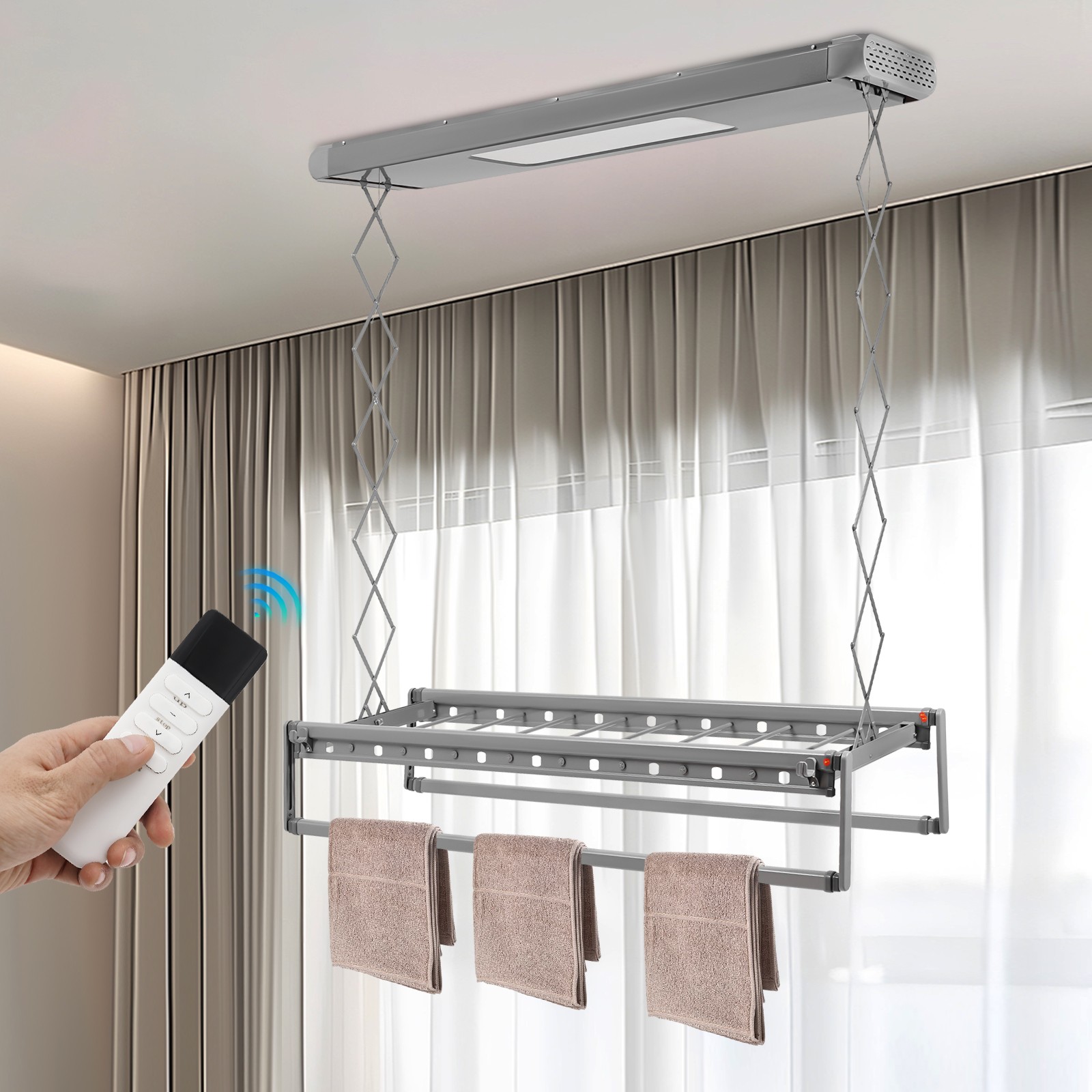 110V Electrical Retractable Airing Rack Aluminium Alloy Remote Control w/ Light