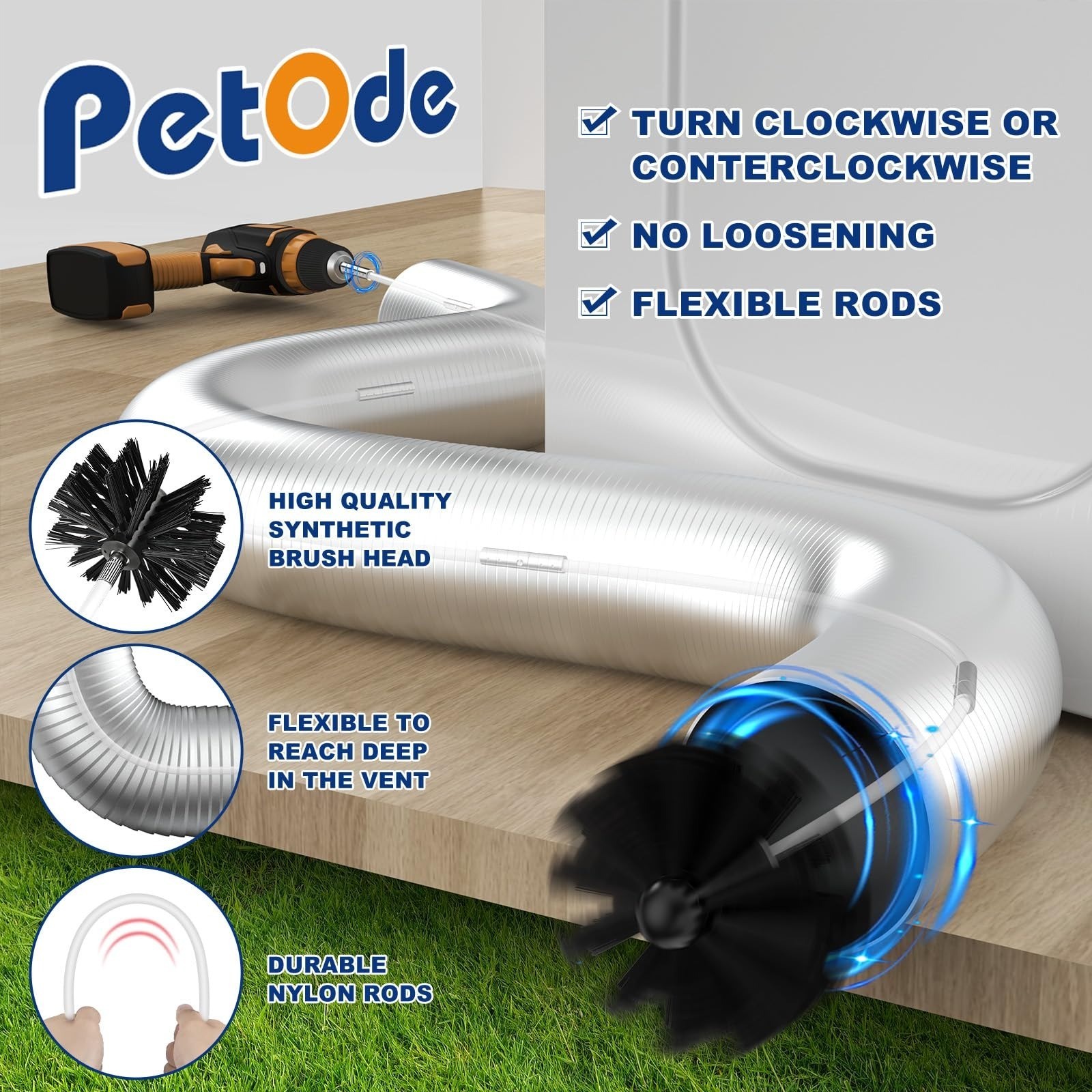 Dryer Vent Cleaner Kit 32 ft Flexible Lint Brush Drill Attachment PetOde