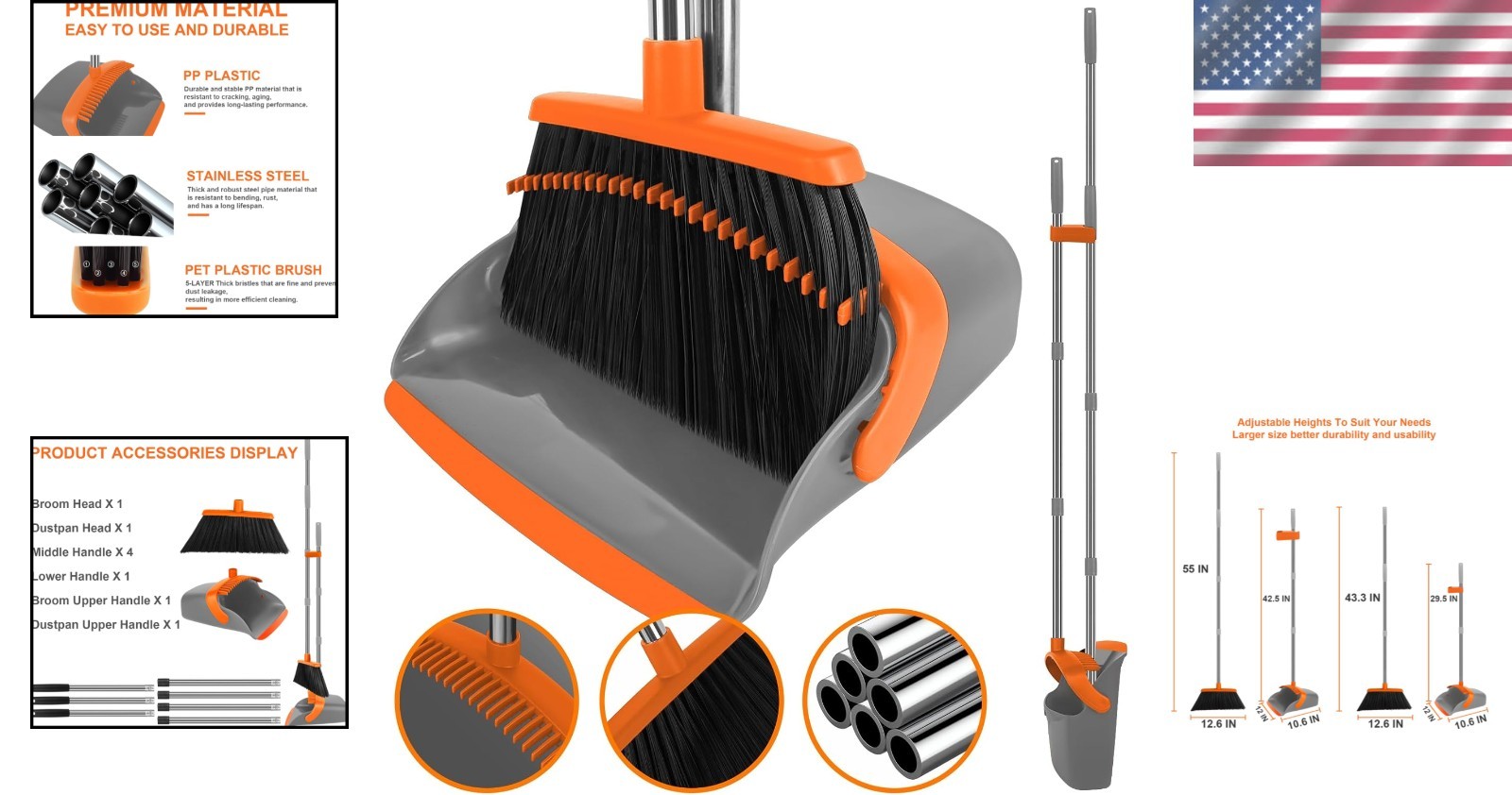 Heavy Duty Broom and Dustpan Set Long Handle Industrial Cleaning Combo