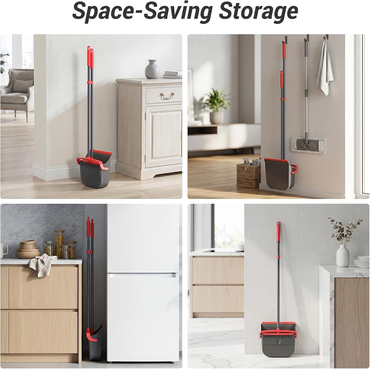 Broom with Dustpan Combo Set, Long Handle Upright Standing Self-Cleaning Broom a