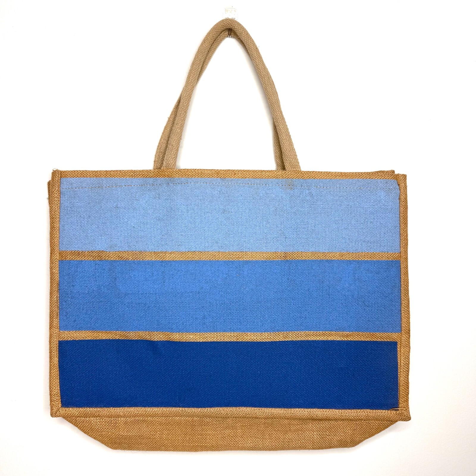 Woolworths Resuable Jute Burlap Natural Brown Large Tote Bag Blue Striped Lined