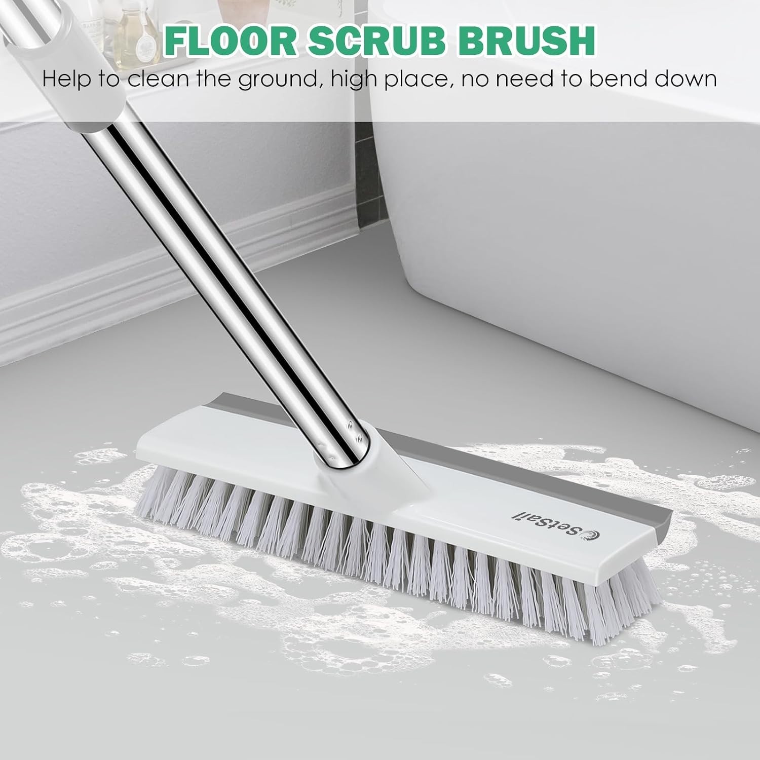 Floor Scrub Brush with 51-Inch Long Adjustable Handle 2 in 1 Scrape Brush Sti…