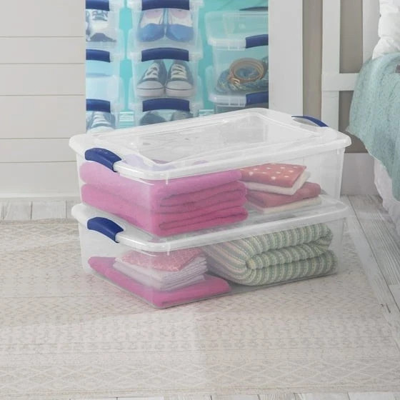 Sterilite 32 Quart Latch Box, Clear Plastic Storage Bin with Lid, Blue Latch