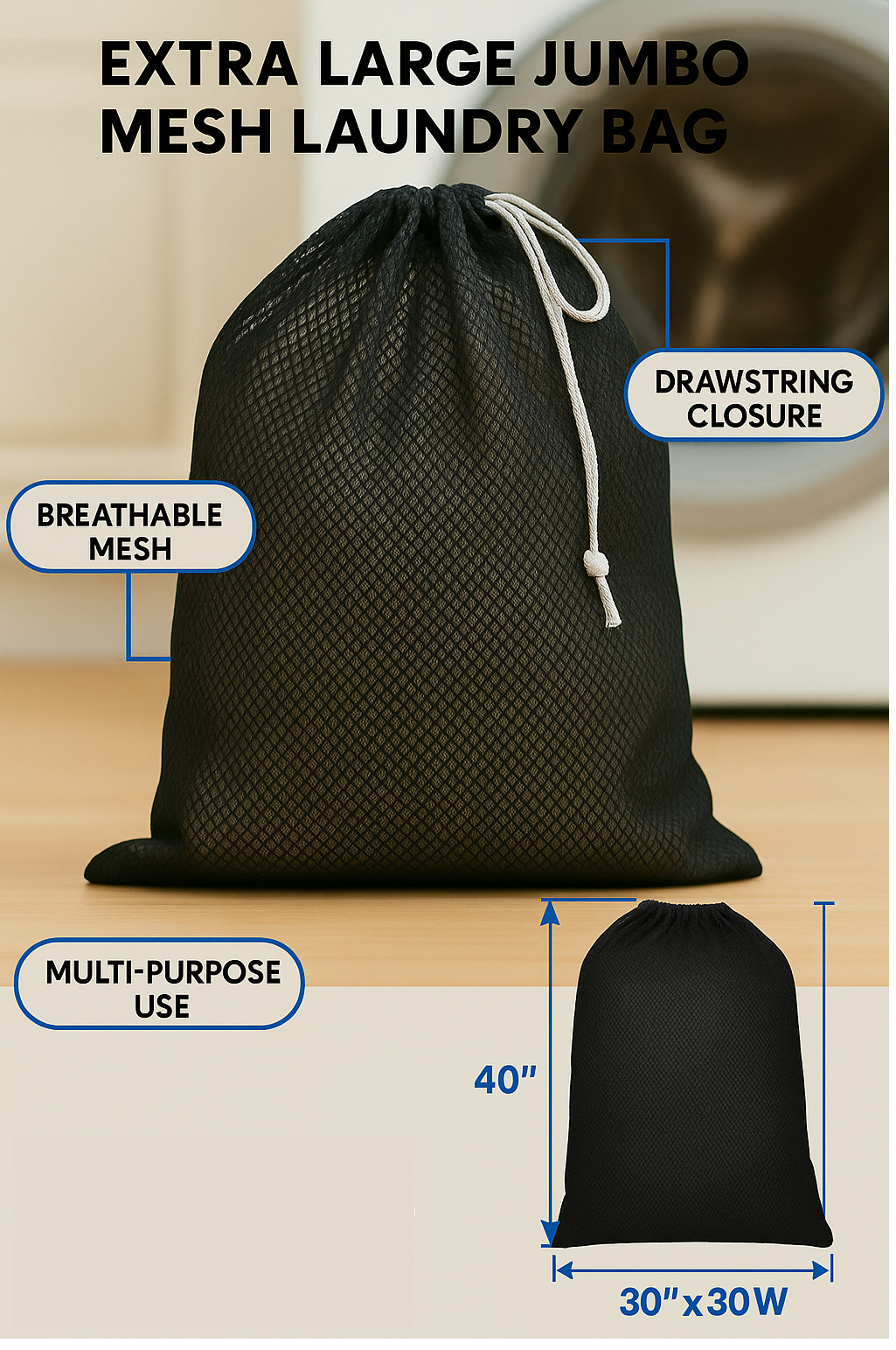 Extra Large Mesh Laundry Bag 40″x30″ Drawstring Washable Storage Sack