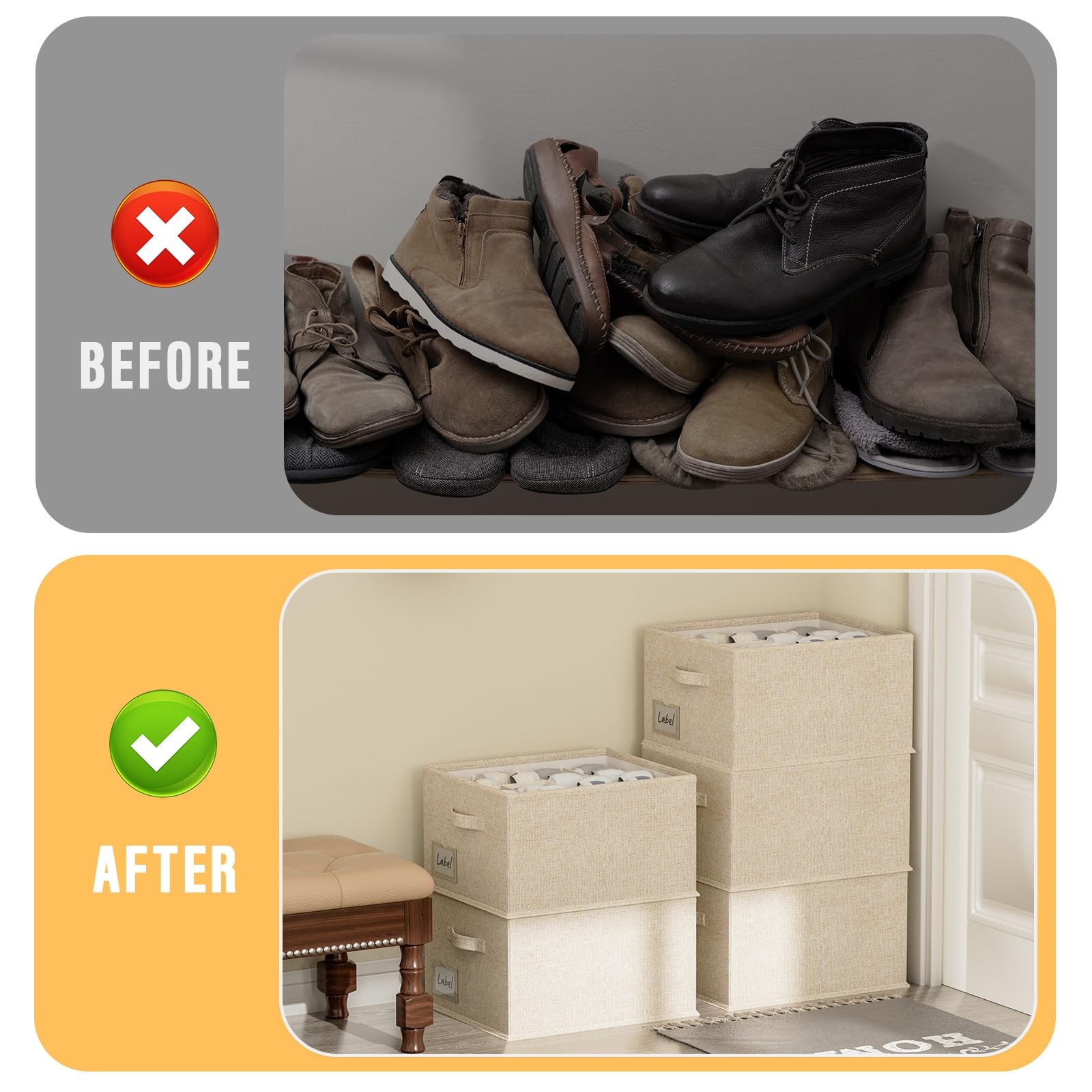 Beige Foldable Shoe Organizer Closet Storage Containers 16.5×12.6×9.5 In 4 Pack
