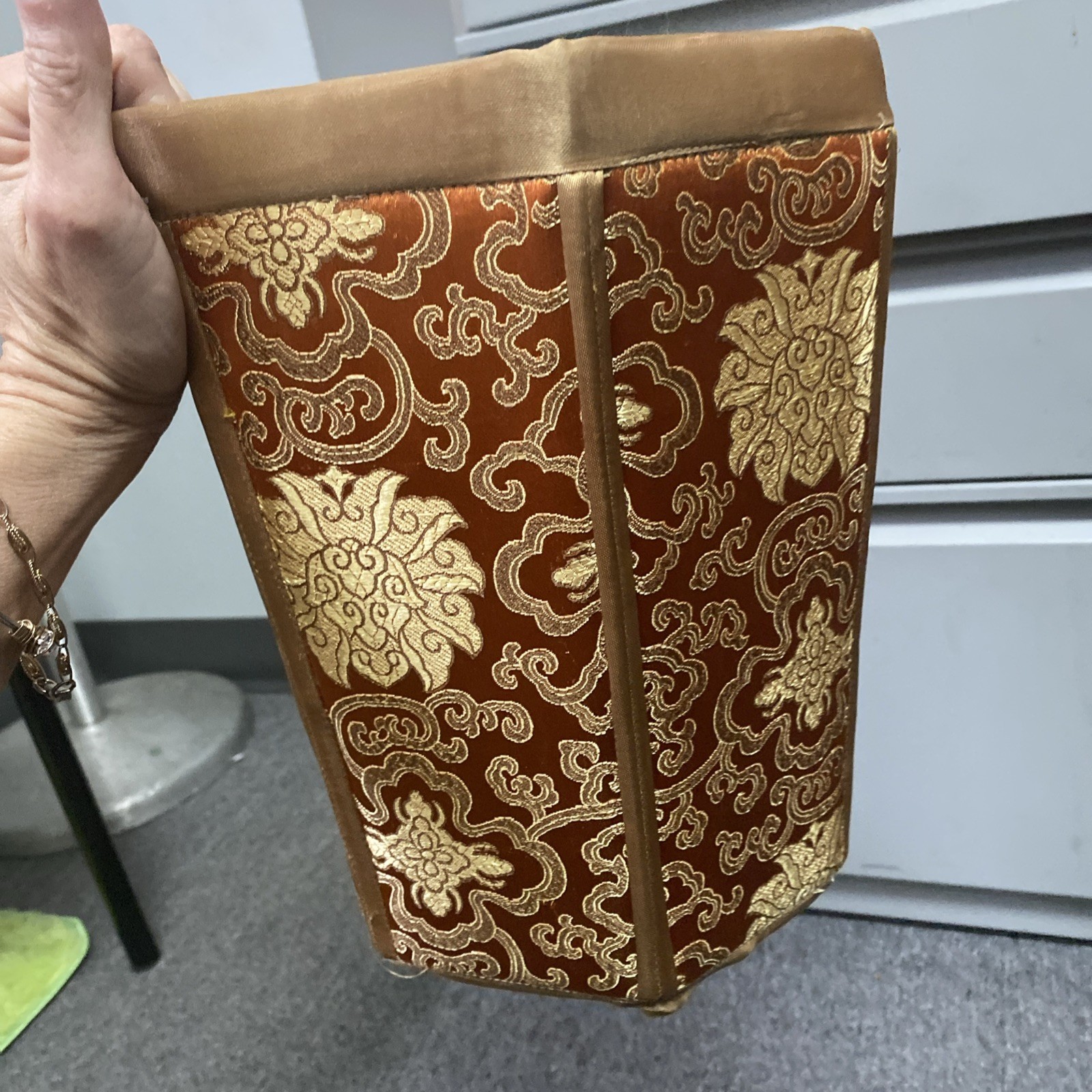 VTG Chinese Silk Brocade Hexagonal Waste paper Trash Basket Mcm 11.5x9x8″