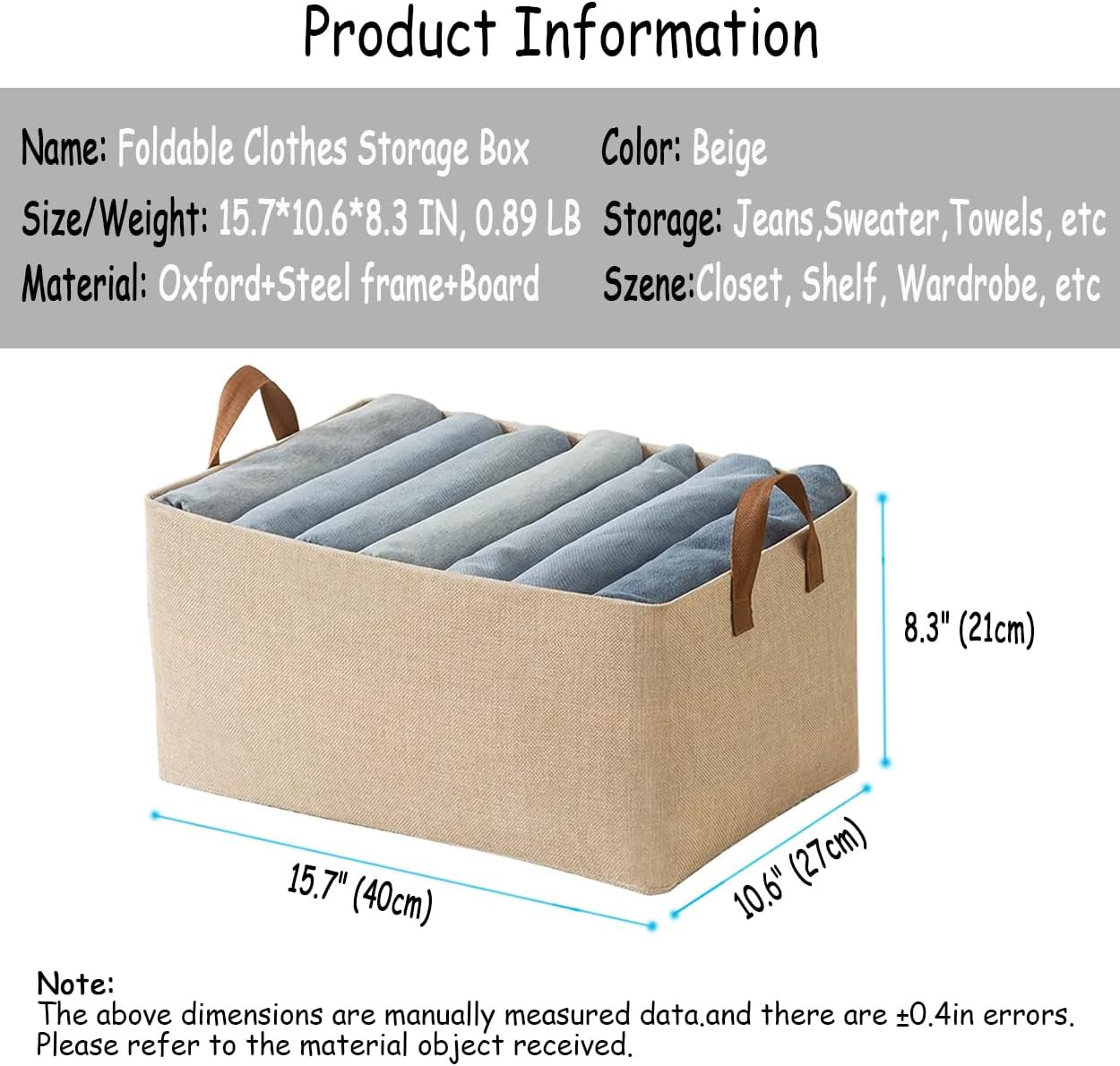 Linen Closet Organizer Storage Bin with Steel Frame, Stackable Fabric Jeans Bask