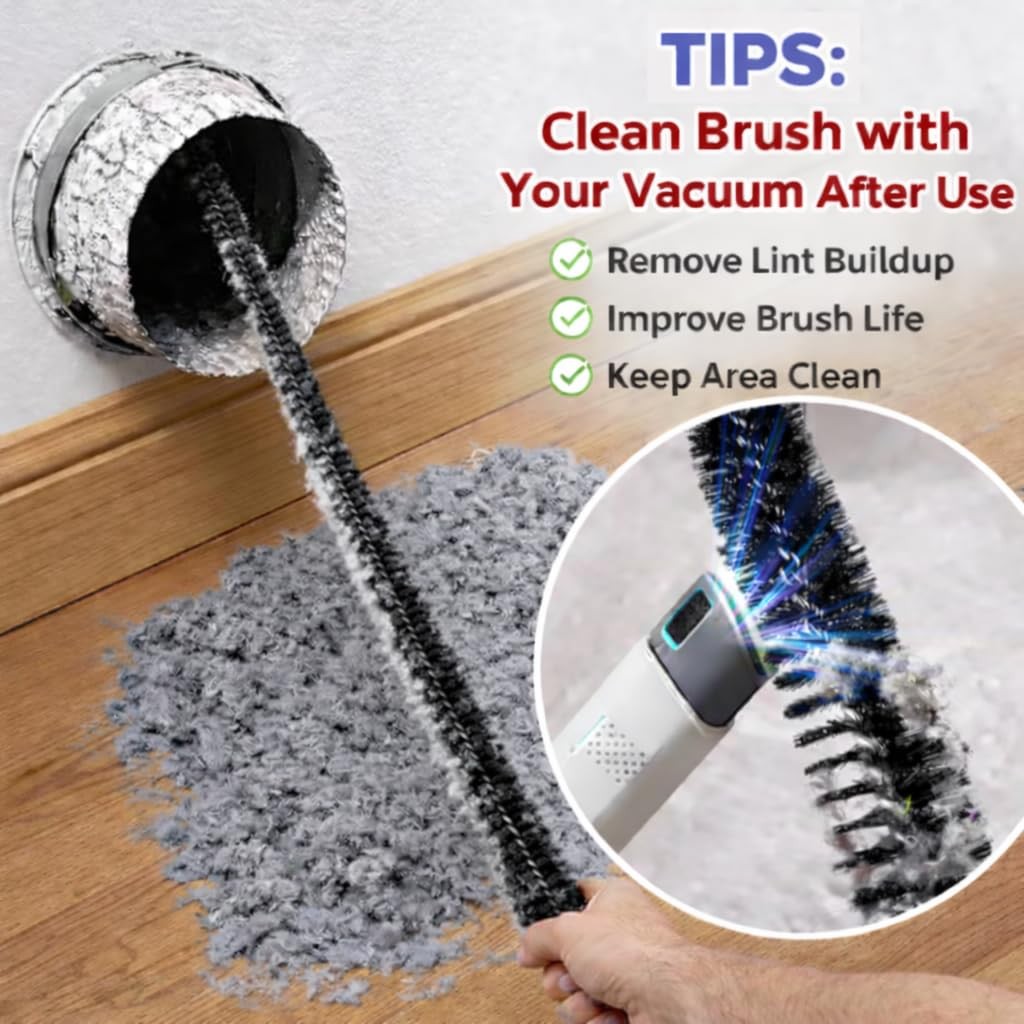 Clothes dryer vent cleaning kit with vacuum hose attachment brush, lint remover