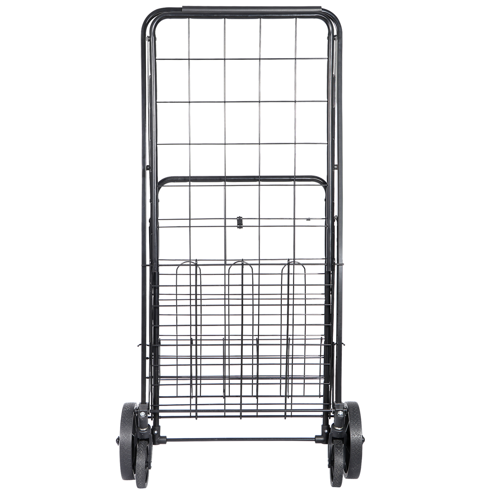 Folding Shopping Cart Rolling Trolley Utility 2 Basket W/Wheel for Laundry Black