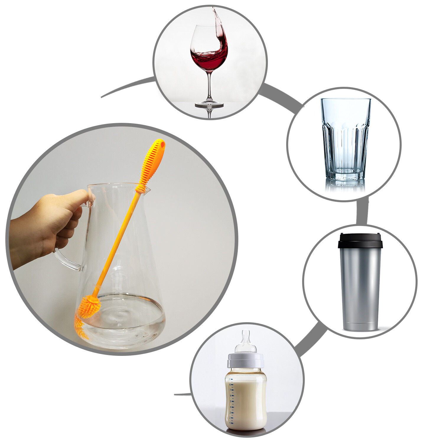 2 Pack Silicone Bottle Brush Cleaner Cleaning Brush for Glass Bottles Orange
