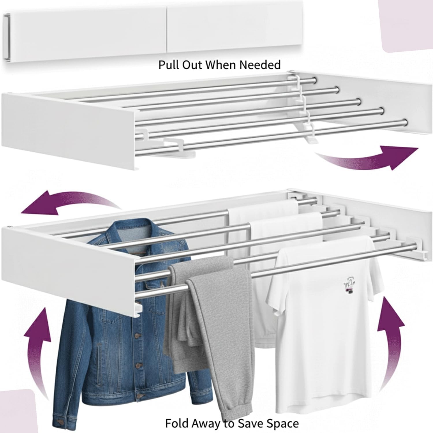 Wall Mounted Stainless Steel Clothes Drying Rack 32″, Foldable Collapsible