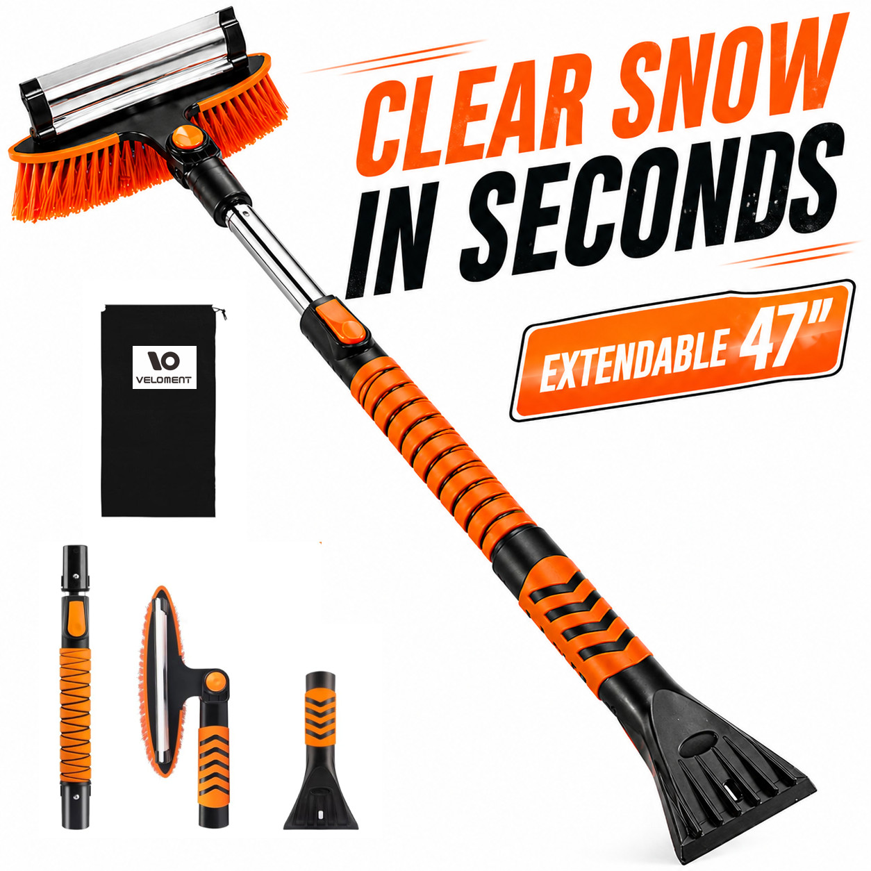 3-in-1 Snow Brush Ice Scraper Extendable 47″ Car Snow Removal Tool Soft Bristles
