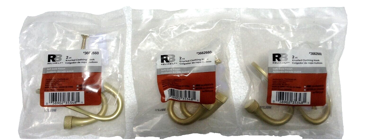 3 packs 2 per pack (6pcs) Reliabilt 3662660 Knurled Clothing Hooks Soft Gold