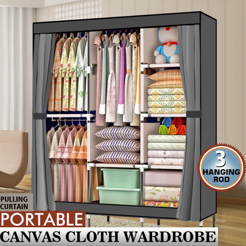 71″ Closet Wardrobe Clothes Pant Rack Storage Organizer w/ Shelf Portable Gray