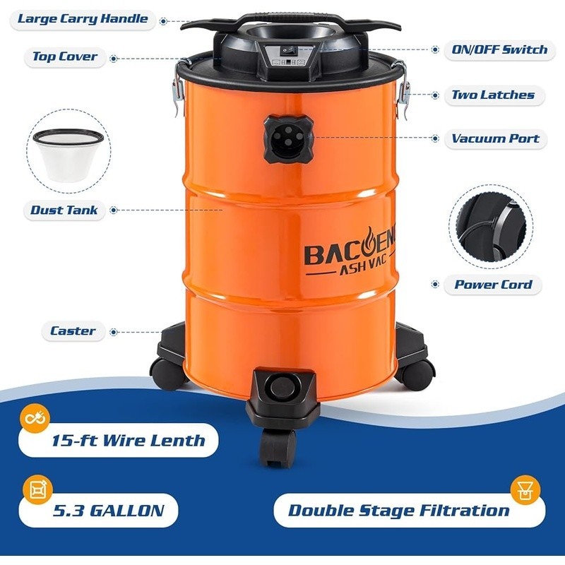 Powerful Fireplace Vacuum 1200W 10A Hot Ash Cleaner Bagless HEPA Filter New
