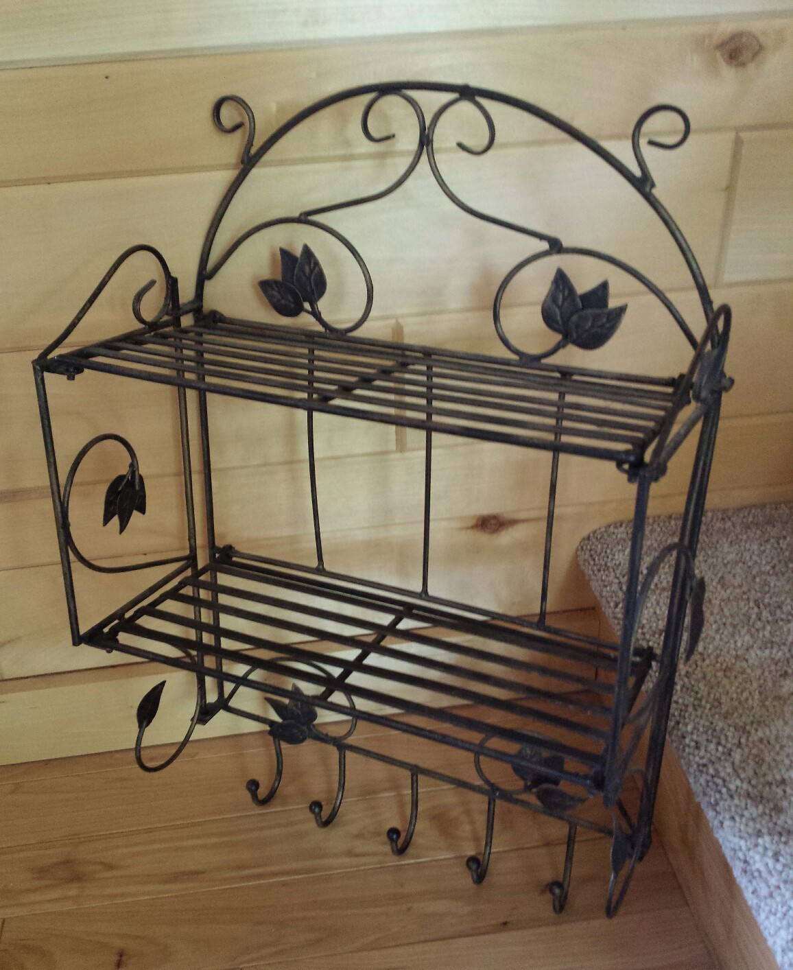 VTG Black Brushed Bronze Wrought Iron Double Shelf Plant Wall Hanger Folding