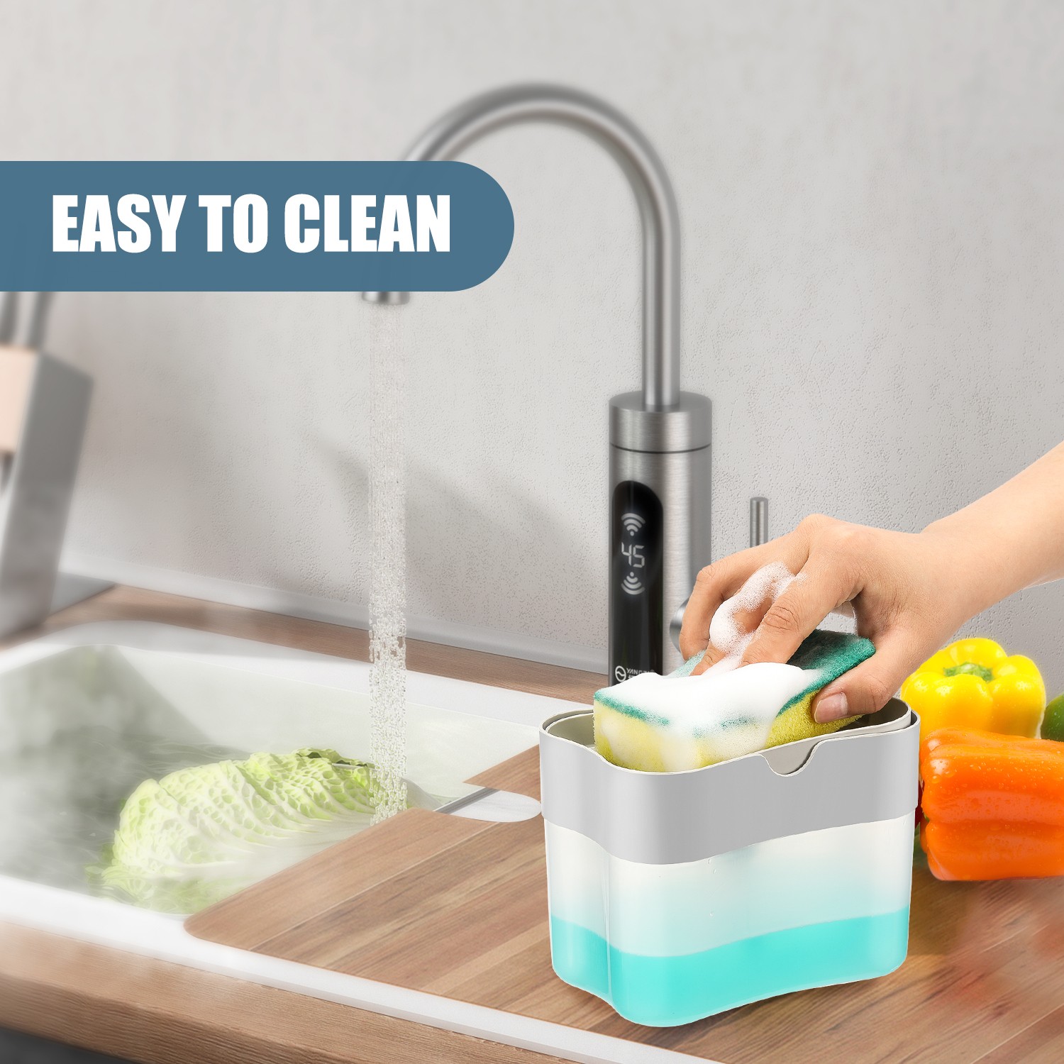 2-in-1 Kitchen Dish Soap Dispenser with Sponge Holder ABS Sink Organizer Rack x1
