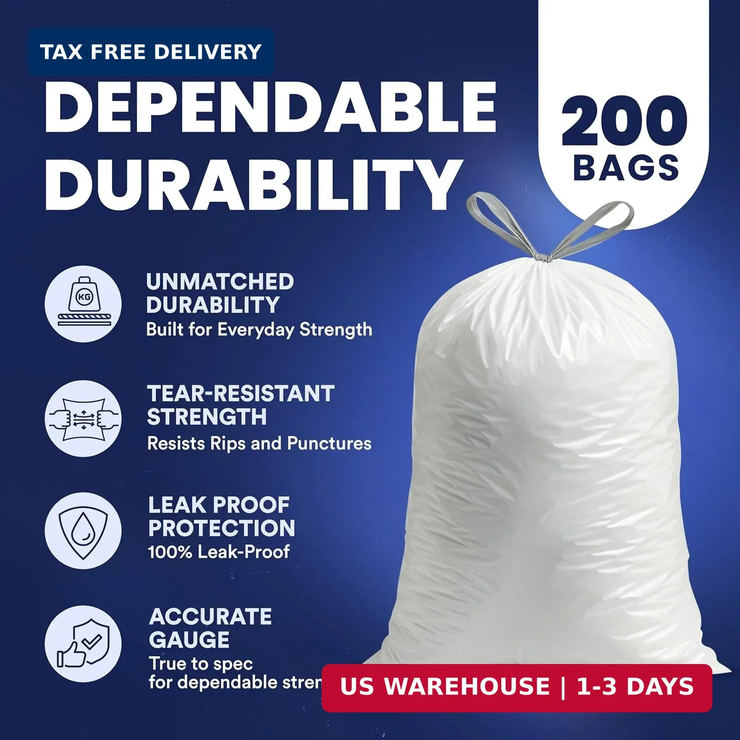 4 Gallon White Drawstring Trash Bags, 200 Count (Pack of 1) – 0.7 Mil Leak-Proof